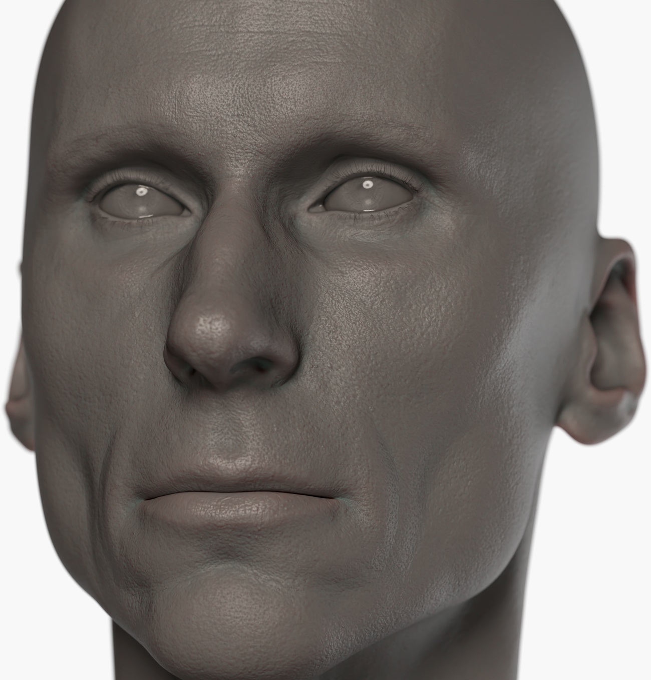 Clay render of a lean male 3D head scan showing fine skin pore detail and surface texture captured via photogrammetry